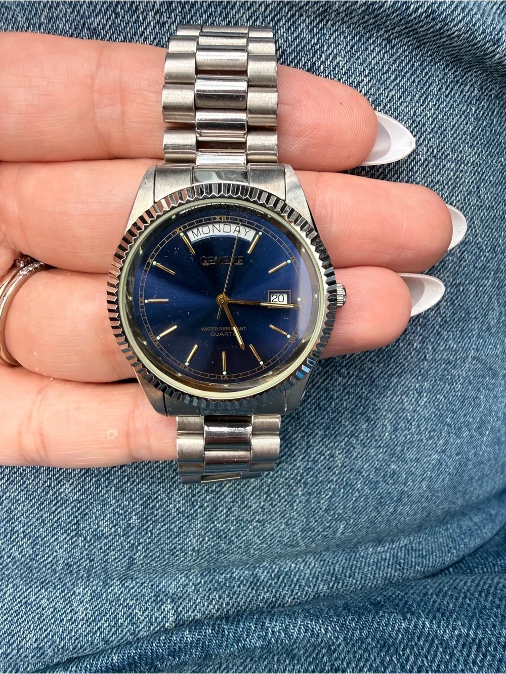Men's Blue Dial Stainless Steel Day-Date Watch